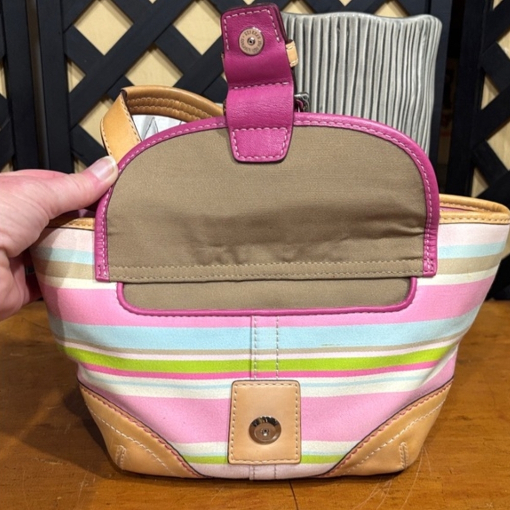 Coach Striped Signature Small Tote in Pink and Tan - Picture 9 of 12